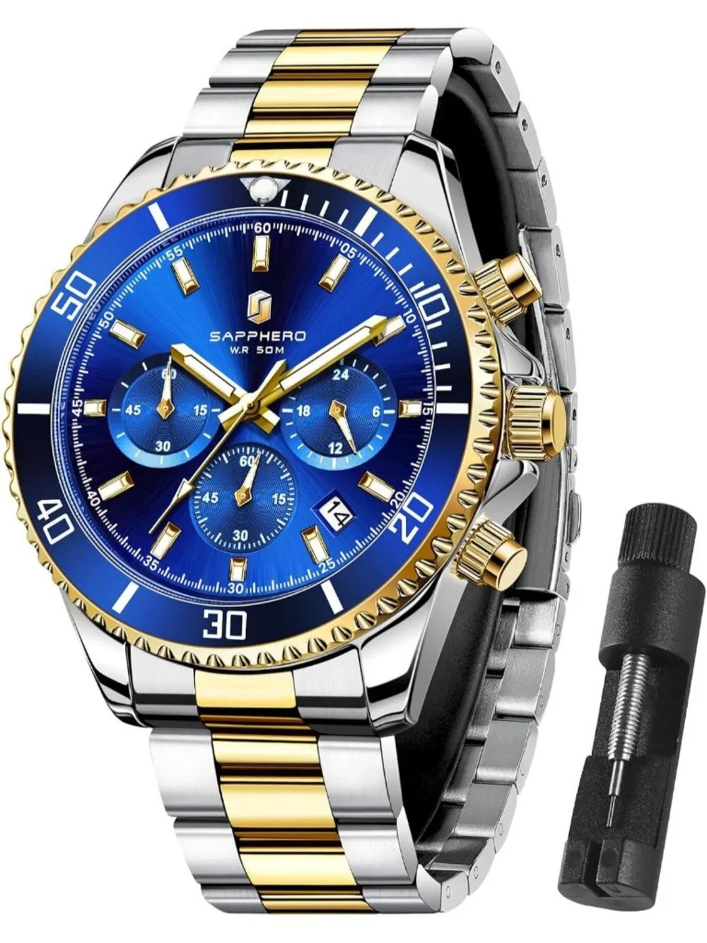 Men's Gold and Blue Chronograph Stainless Steel Waterproof Quartz Wrist Watch